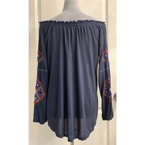 Womens Mexican Western Tunic Blouse Blue Embroidered Off Shoulder Sz M